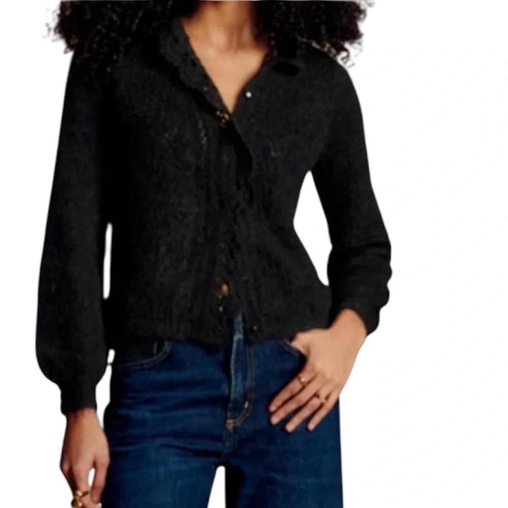 Sézane Angie Balloon Sleeve Button Front Cardigan Sweater Wool Kid Mohair Sz M - Picture 2 of 14